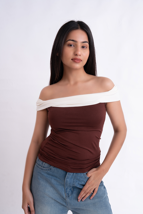 Brown And White Off Shoulder Top