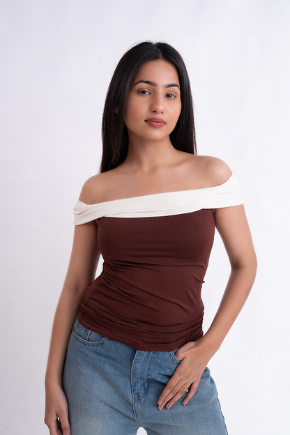 Brown And White Off Shoulder Top