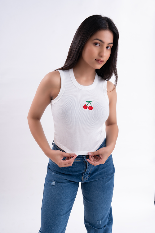 Cherry Embroidered Ribbed Tank Top