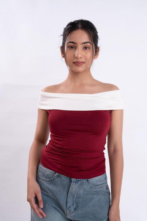 Maroon And White Off Shoulder Top