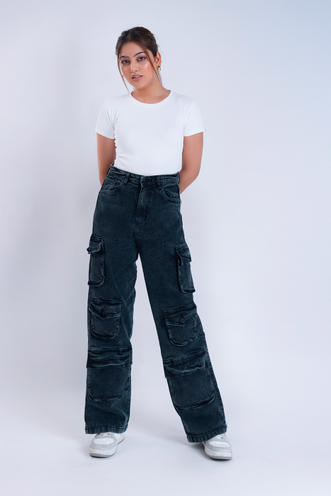 LUXURY Iron Grey Multipocket Cargo Whisker  Straight Fit Jeans