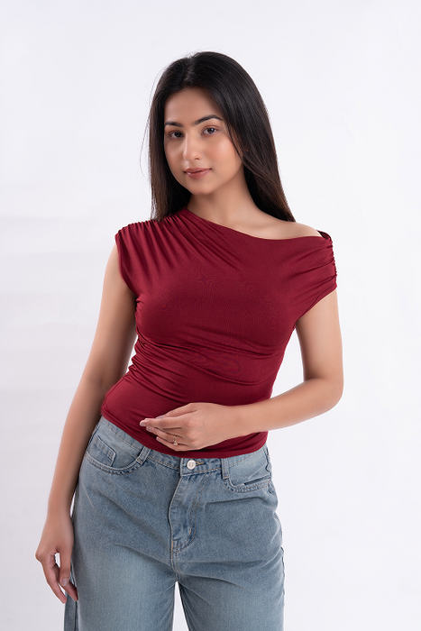 Maroon Asymmetrical Neck Ruched Top