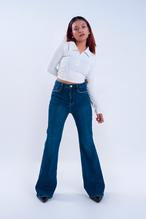 FLARED Semi Raw-Hem Oxford Blue Whisker Bootcut Jeans