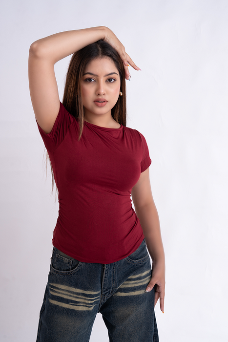 Maroon Half Sleeve Ruched Round Neck Top