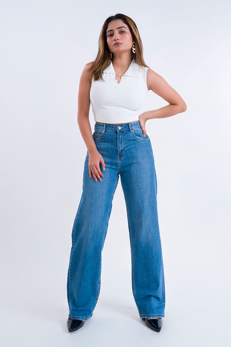 PREMIUM STRETCH Stone Blue High Waist Straight Fit Jeans