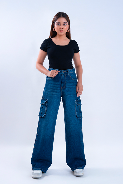 Oxford Blue Whisker Wide Leg Cargo Jeans