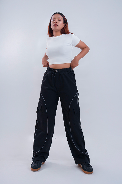 CLOUD FIT Black String Parachute Pants