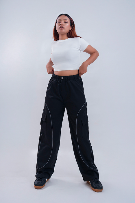 CLOUD FIT Black String Parachute Pants