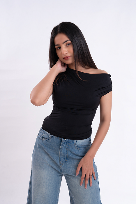 Black Asymmetrical Neck Ruched Top