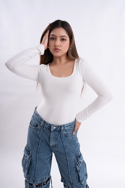 White Scoop Neck Full Sleeve Top
