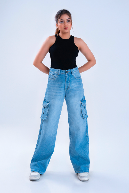 Stone Blue Whisker Wide Leg Cargo Jeans