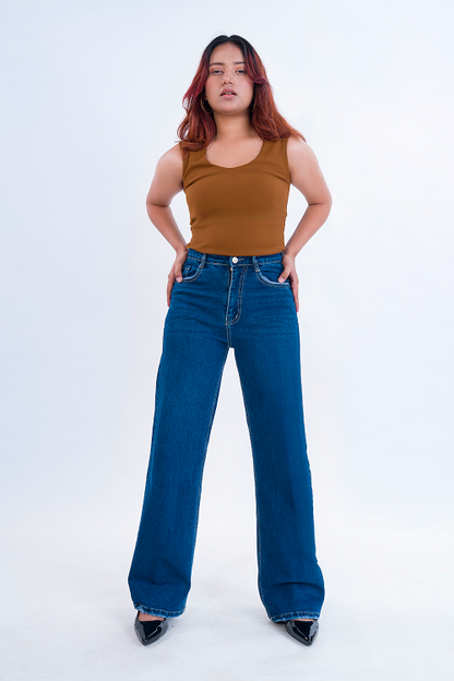 PREMIUM Stretchable Semi Raw-Hem Deep Blue Whisker Straight Fit Jeans