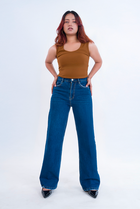 PREMIUM Stretchable Semi Raw-Hem Deep Blue Whisker Straight Fit Jeans