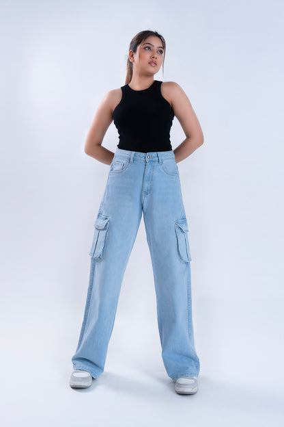 Ice Blue Whisker Wide Leg Cargo Jeans