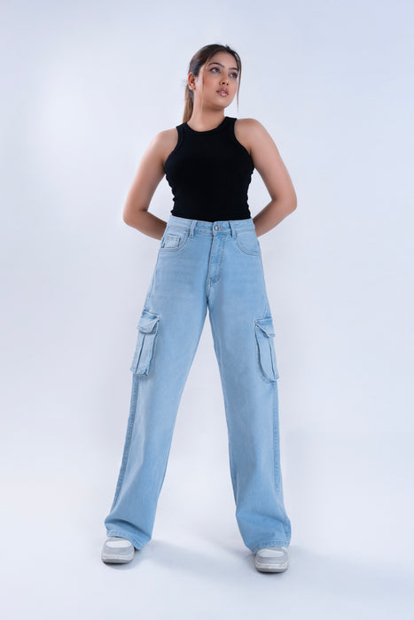Ice Blue Whisker Wide Leg Cargo Jeans