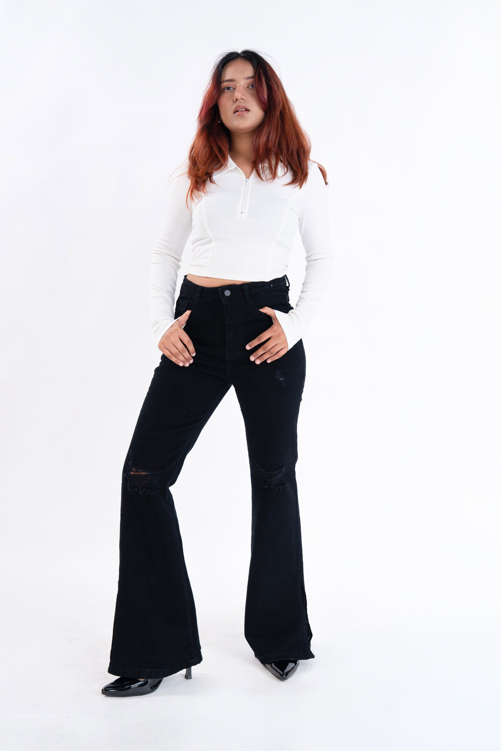 CLASSIC Black Knee Distress Side Slit Bootcut Jeans