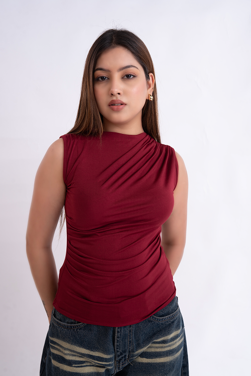 Maroon Gathered High Neck Top