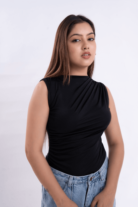 Black Gathered High Neck Top