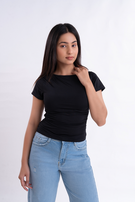 Black Half Sleeve Ruched Round Neck Top