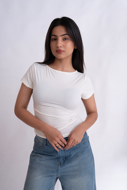 White Half Sleeve Ruched Round Neck Top