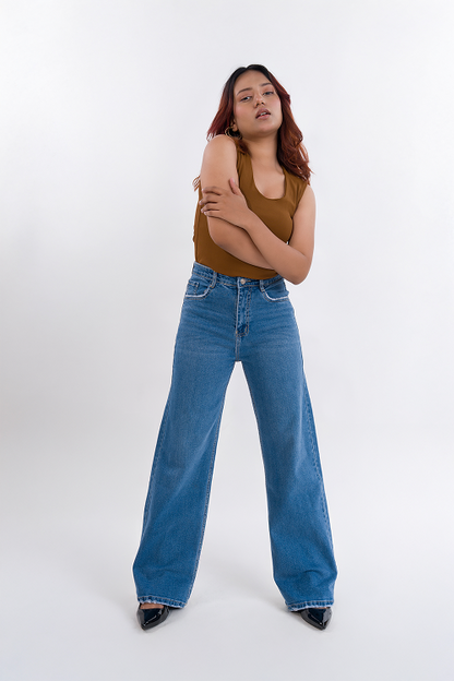PREMIUM Stretchable Semi Raw-Hem Stone Blue Whisker Straight Fit Jeans