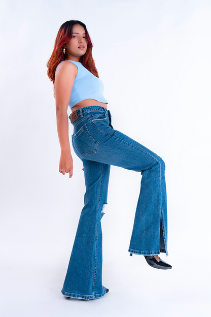 CLASSIC Stone Blue Knee Distress Side Slit Bootcut Jeans
