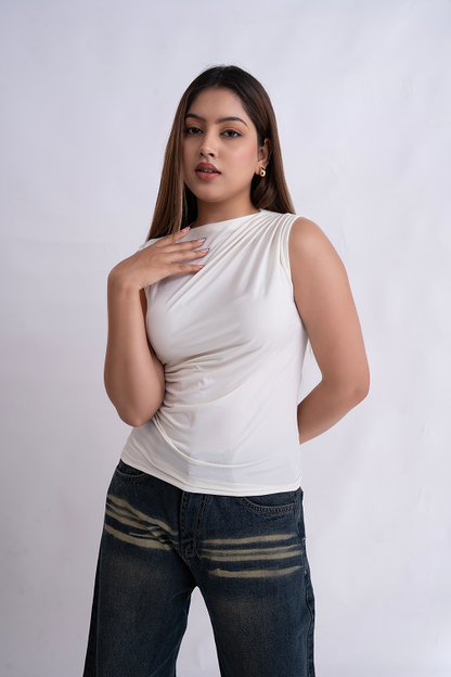 White Gathered High Neck Top