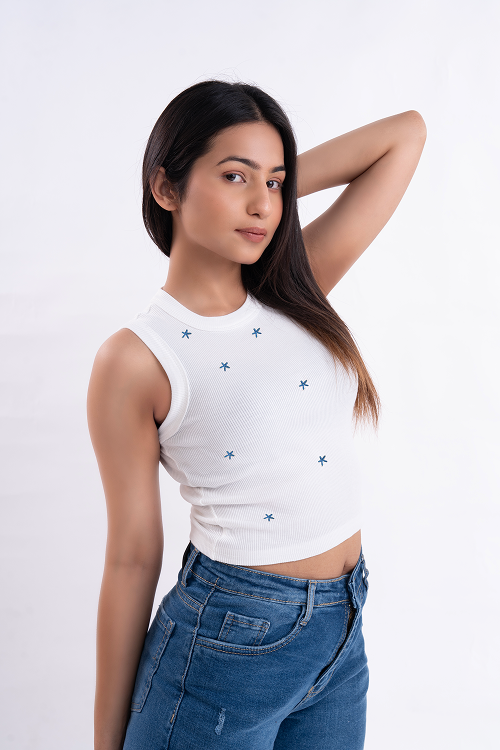 Blue Floral Embroiderd Ribbed Tank Top