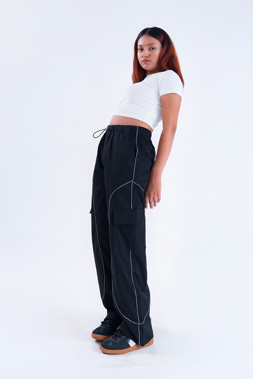 CLOUD FIT Black String Parachute Pants