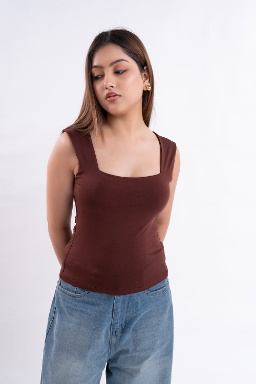 Brown Square Neck Tank Top