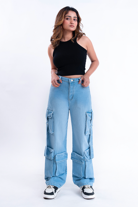 Ice Blue Street Pocket Baggy Fit HEAVY Cargo Jeans