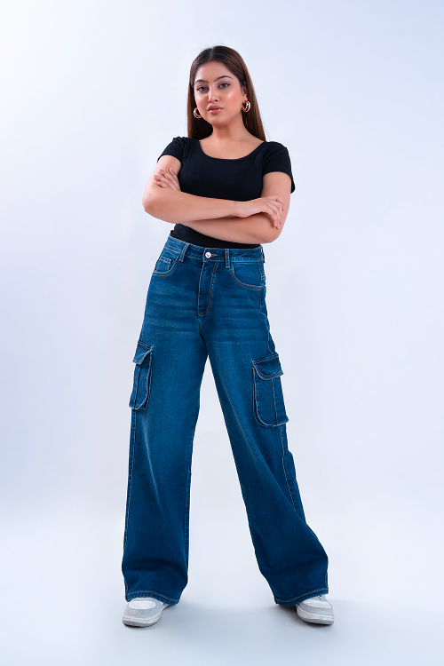 Oxford Blue Whisker Wide Leg Cargo Jeans