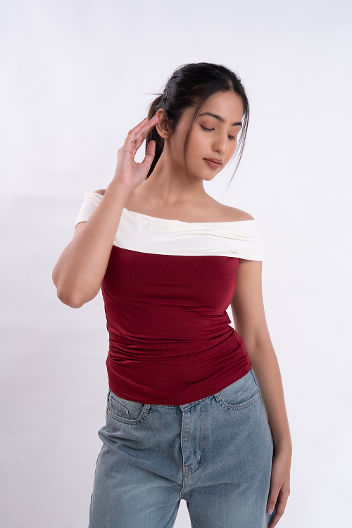 Maroon And White Off Shoulder Top