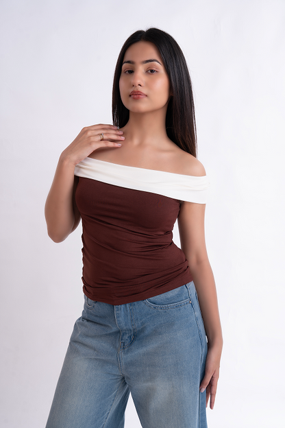 Brown And White Off Shoulder Top