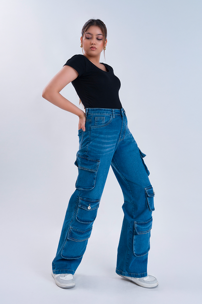 LUXURY Stone Blue Multipocket Cargo Whisker Straight Fit Jeans