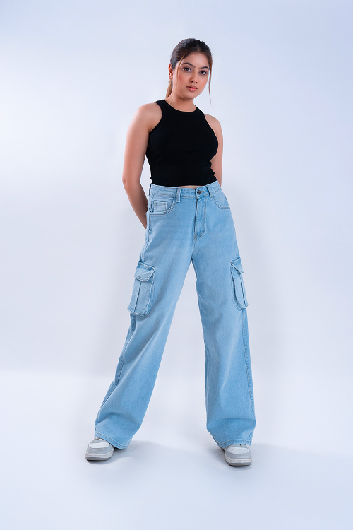 Ice Blue Whisker Wide Leg Cargo Jeans
