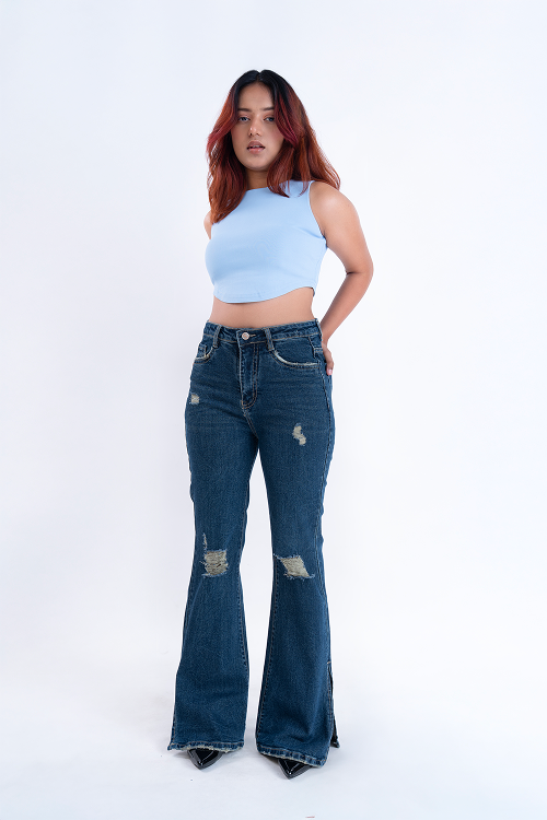 CLASSIC Vintage Blue Knee Distress Side Slit Bootcut Jeans