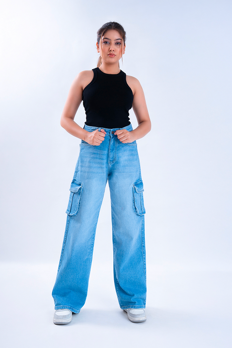 Stone Blue Whisker Wide Leg Cargo Jeans