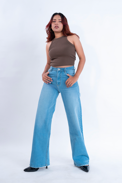 PREMIUM Stretchable Semi Raw-Hem Ice Blue Whisker Straight Fit Jeans
