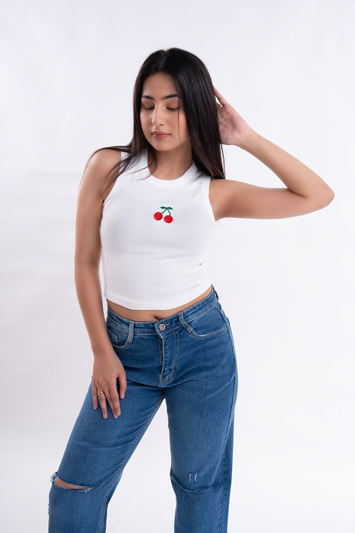Cherry Embroidered Ribbed Tank Top