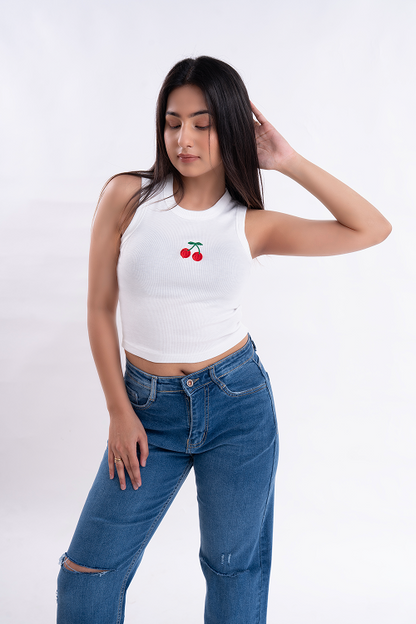 Cherry Embroidered Ribbed Tank Top