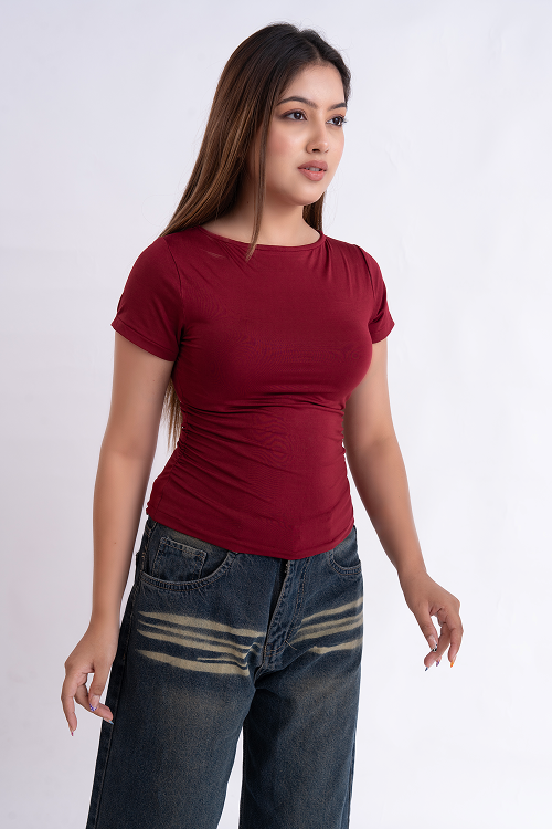 Maroon Half Sleeve Ruched Round Neck Top