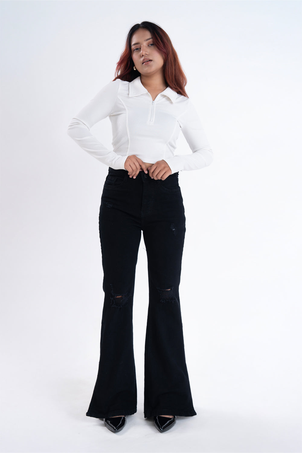 CLASSIC Black Knee Distress Side Slit Bootcut Jeans
