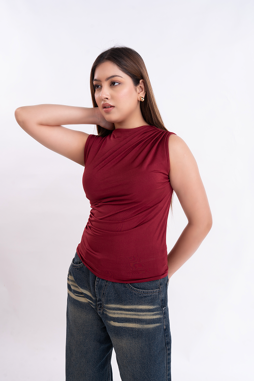 Maroon Gathered High Neck Top