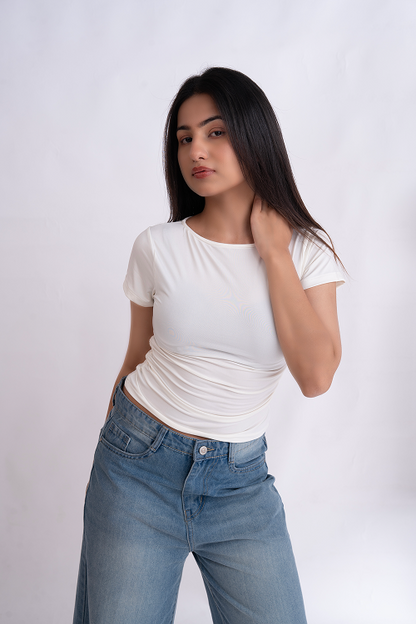 White Half Sleeve Ruched Round Neck Top