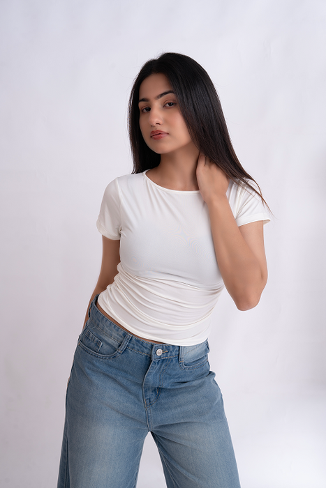 White Half Sleeve Ruched Round Neck Top