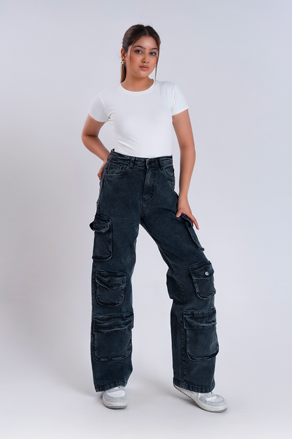 LUXURY Iron Grey Multipocket Cargo Whisker  Straight Fit Jeans