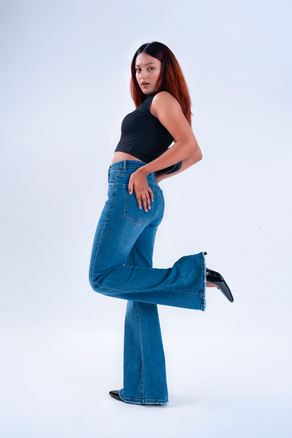 FLARED Semi Raw-Hem Stone Blue Whisker Bootcut Jeans