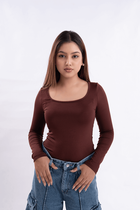 Brown Scoop Neck Full Sleeve Top