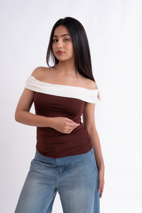 Brown And White Off Shoulder Top